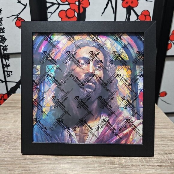8x8 Black Jesus Stained Glass Wall Art Watercolor Oil Painting Framed Print - Picture 3 of 9